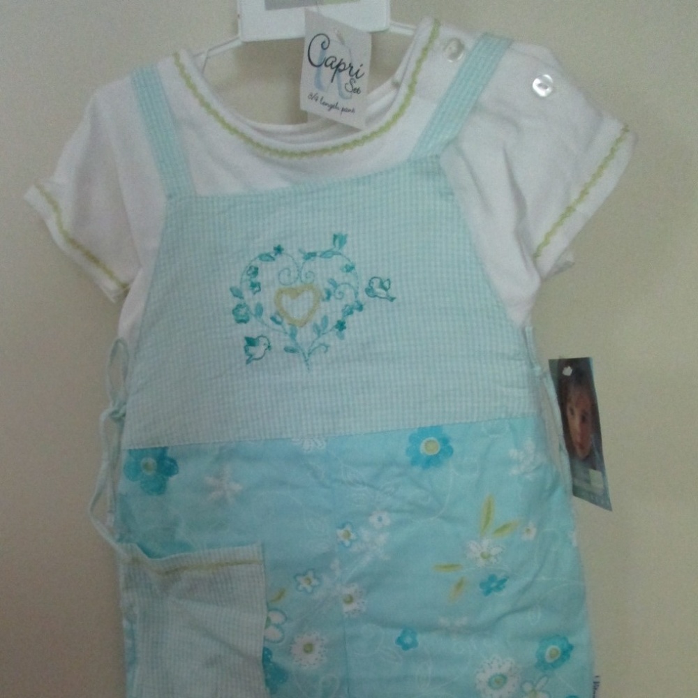2pc Aqua/White Floral Capri Overalls & Tee NWT
